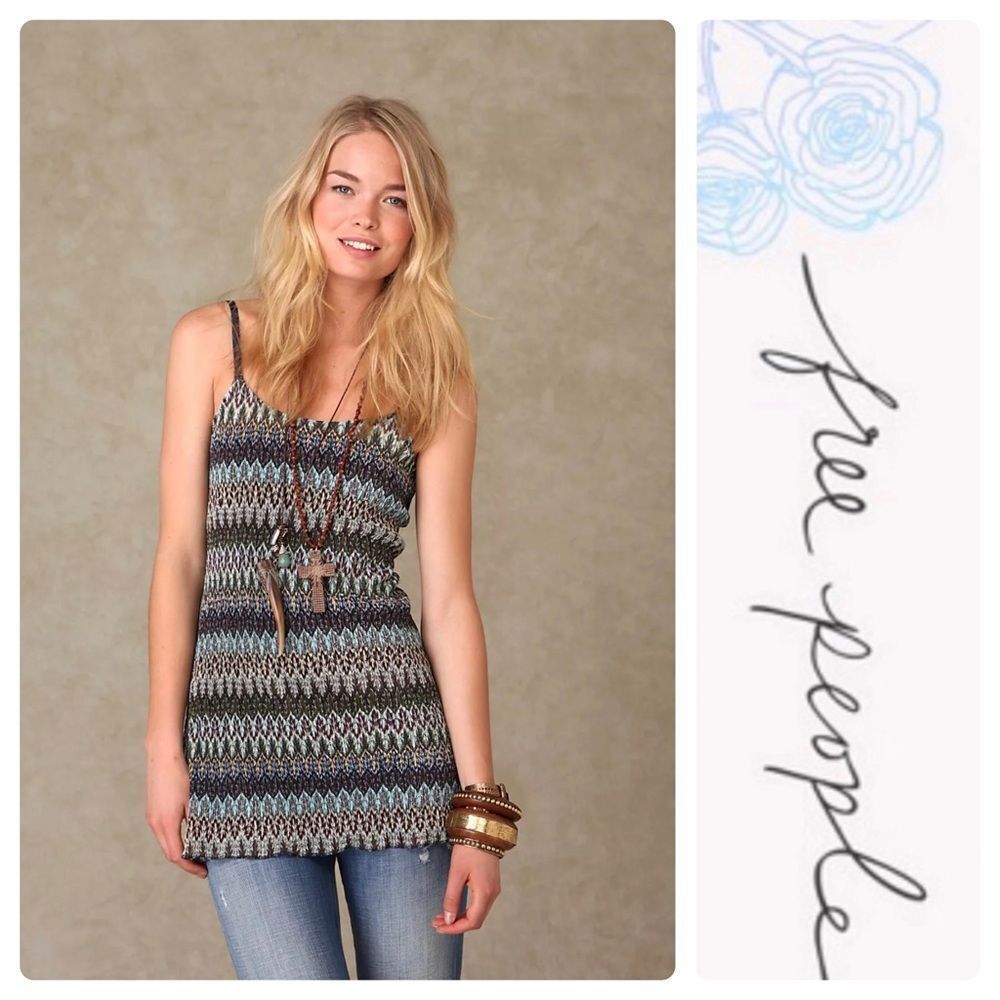 Free People Women's Blue Patterned Knit Cami Tank/dress